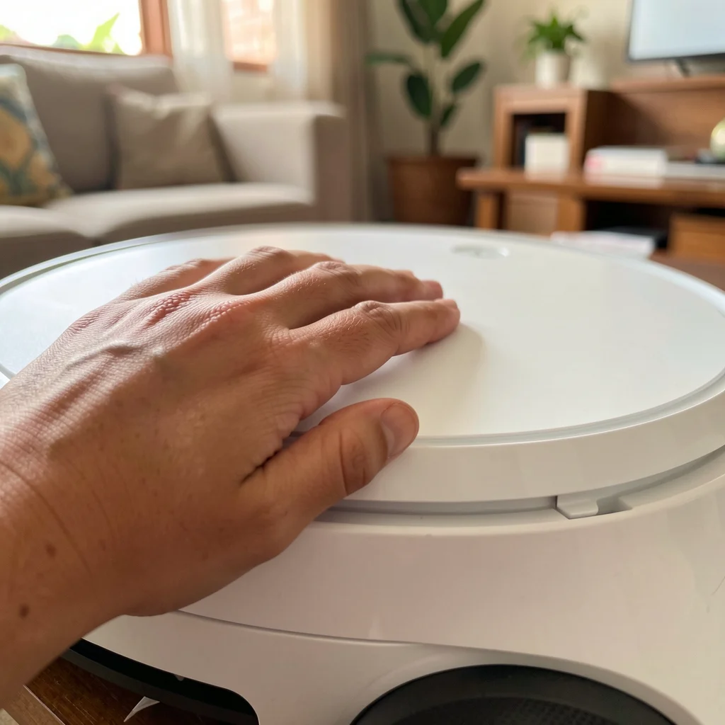 Close-up of a hand with five fingers resting on the base of a modern Eufy Omen C20 robot vacuum cleaner, showcasing advanced home automation in a Brazilian home.