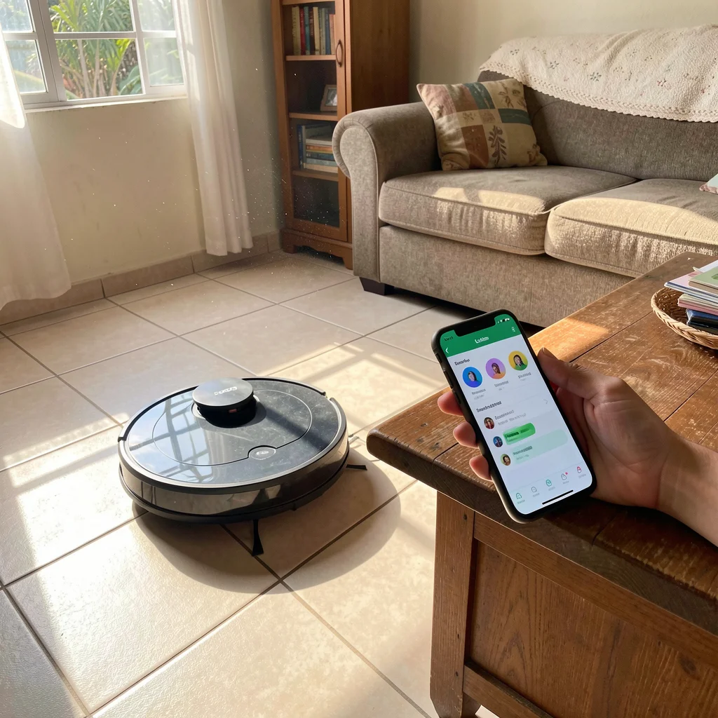 Close-up of a hand holding a smartphone with the Lokes app open, showing a robot vacuum cleaning a living room floor in the background.