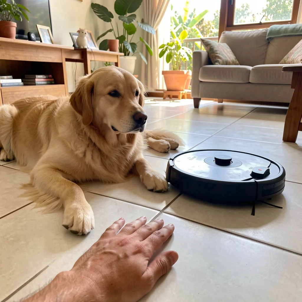 Golden retriever dog and Electrolux RB30 robot vacuum on a living room floor, with a human hand nearby.