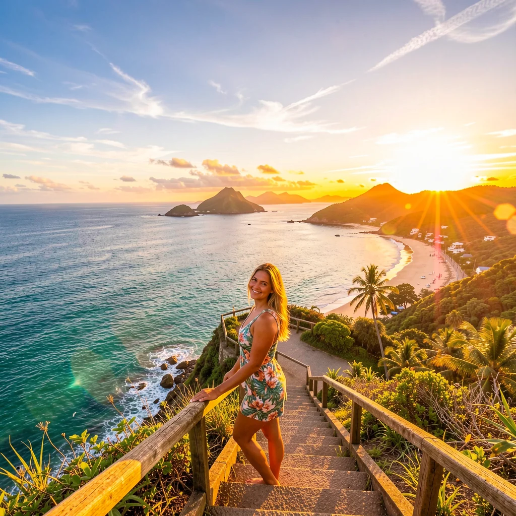 Mulher brasileira admirando o pôr do sol espetacular no Mirante do Pontal do Atalaia, Arraial do Cabo, com vista para as escadarias e o mar azul-turquesa.