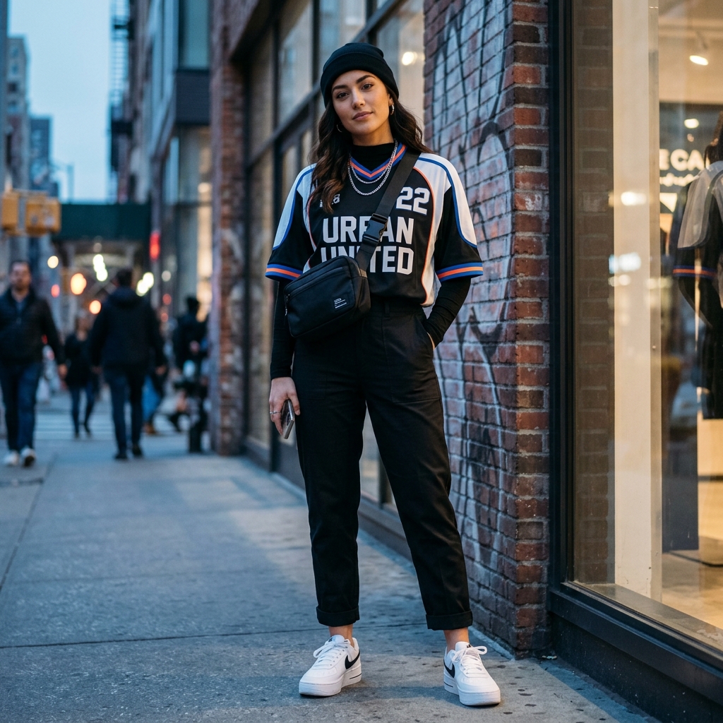 Imagem conceitual ilustra a integração da camisa de time em um look urbano com calça e bolsa pretas.