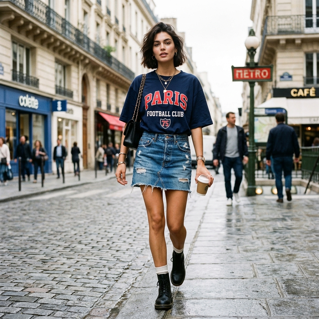 Representação visual de uma mulher em look casual com camisa de time, sugerindo presença e estilo em ambiente esportivo.