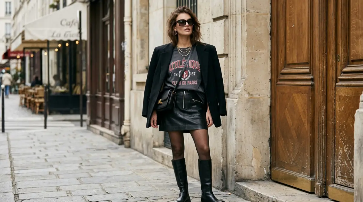 Look Camiseta de Time com Saia de Couro Preta