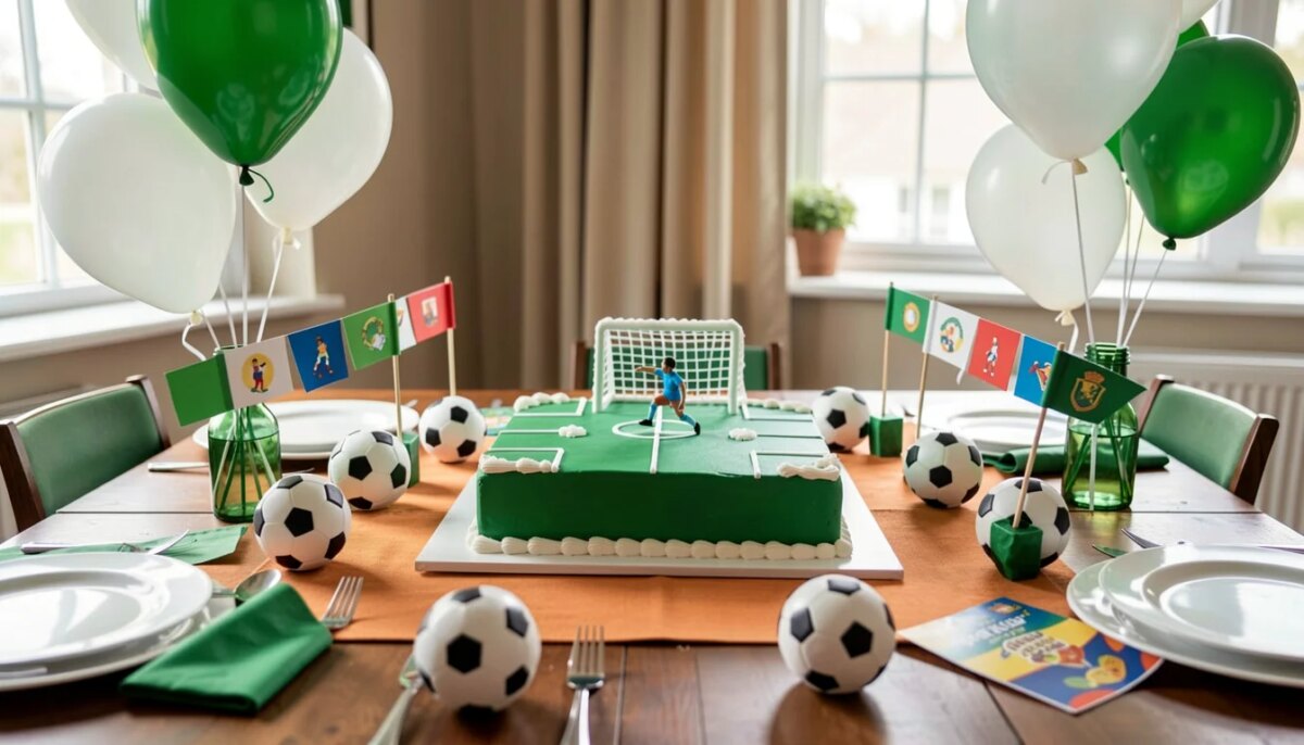 50 Ideias para Aniversário Tema Futebol: Decoração e Lembrancinhas Mesa de festa infantil com tema futebol, bolo em forma de campo, mini bolas e balões verdes e brancos