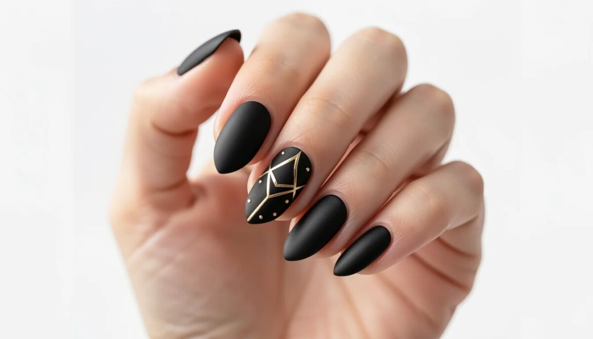 Mão feminina com unhas decoradas pretas foscas e detalhes dourados