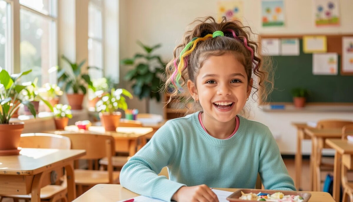 Menina sorridente com rabo de cavalo alto e elástico colorido, penteado infantil para escola