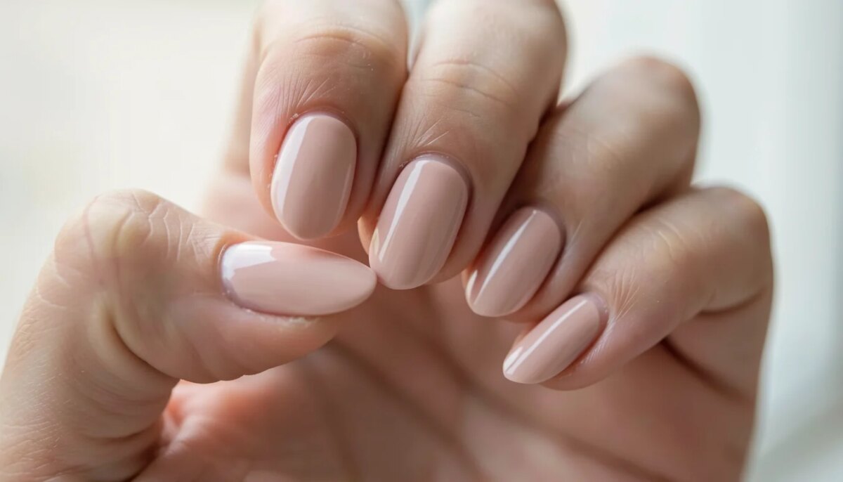 Mão feminina com unhas postiças realistas, efeito natural, acabamento brilhante e cutículas perfeitas
