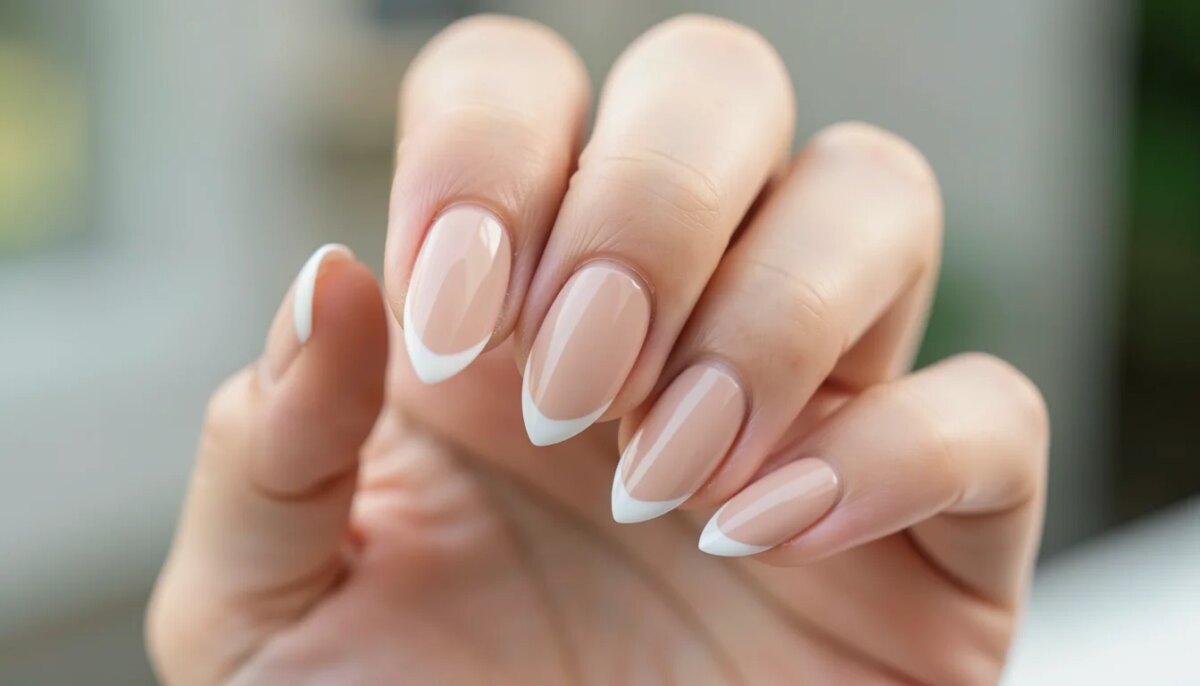 Mão feminina com unhas amendoadas, base nude translúcida e micro francesinha branca, iluminação natural suave.