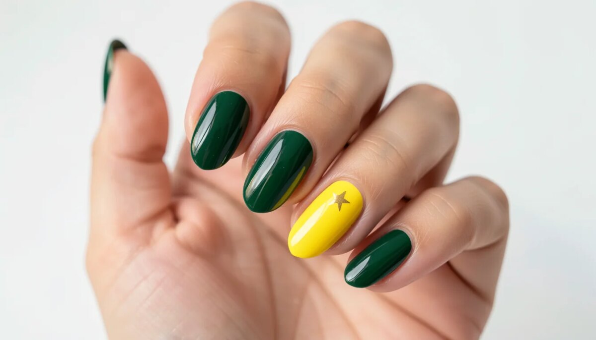 Mãos femininas com unhas decoradas verde e amarelo, destaque para o dedo anelar com estrela dourada.
