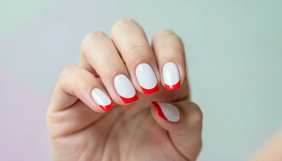 Mão feminina com unhas vermelhas e brancas elegantes, close up