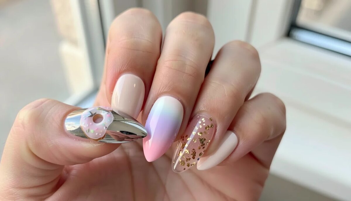 Mão feminina com unhas em gel decoradas: efeito cromado, aura gradiente e encapsulado com glitter.