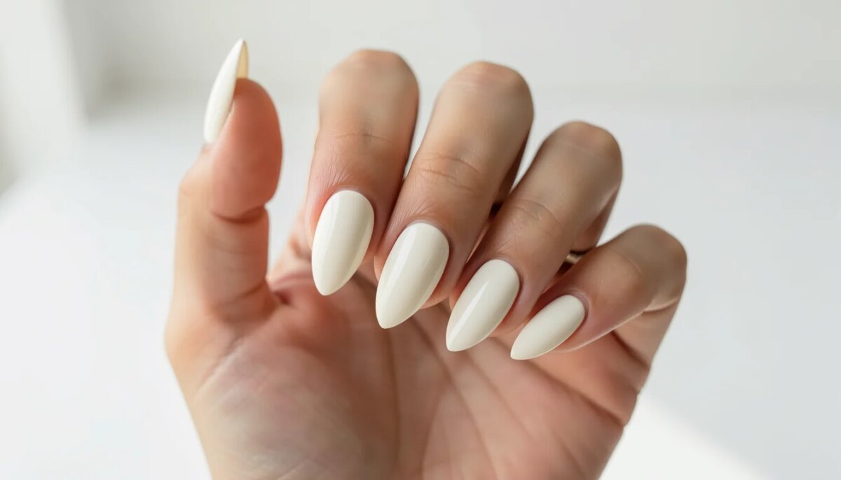 Mão com unhas amendoadas e esmalte off-white leitoso Cloud Dancer, acabamento brilhante.