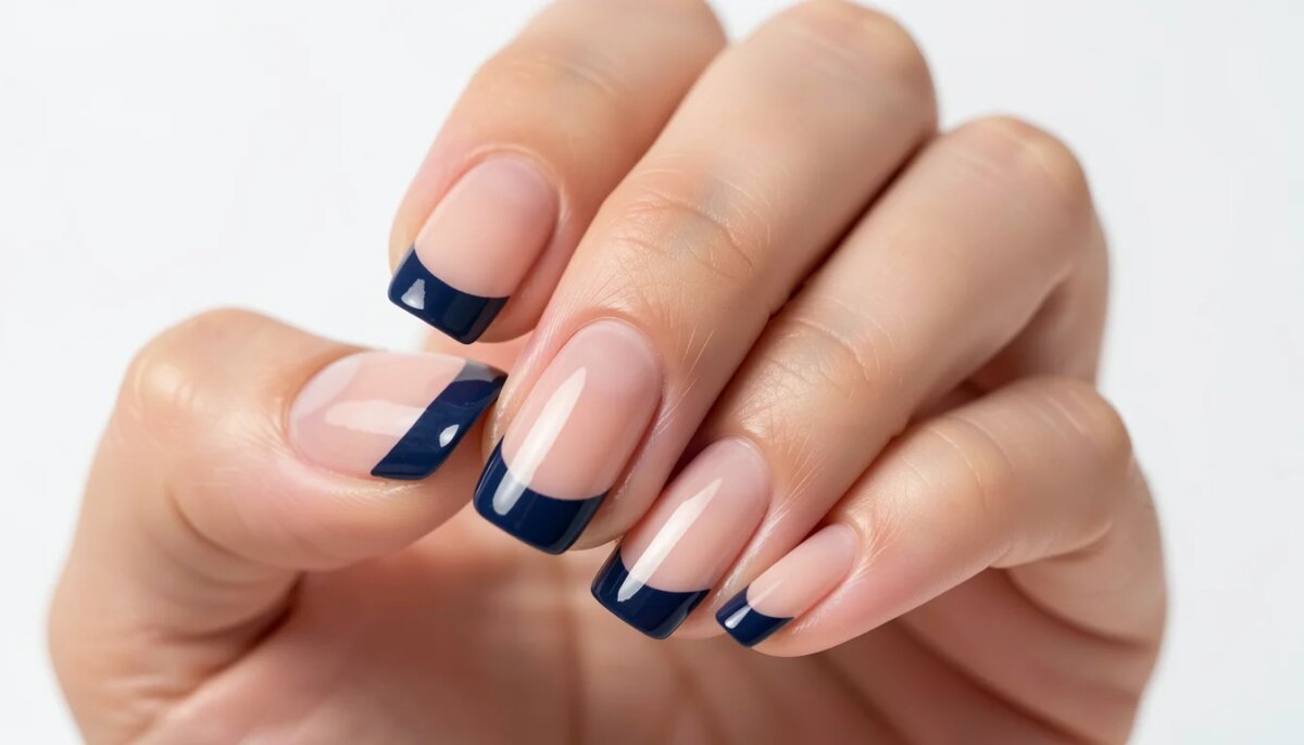 37 Ideias de Unha Decorada Francesinha Azul para Fazer em Casa Mão feminina com unhas decoradas francesinha azul marinho, acabamento glossy, close-up macro.