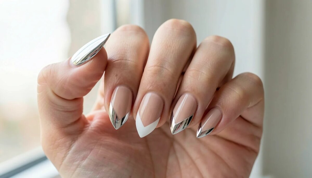 Mão feminina com unhas stiletto curtas decoradas com francesinha V-shape em nude e branco, acabamento cromado e brilhante.