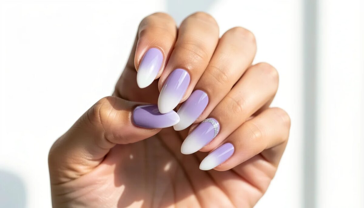 Mãos femininas com unhas de gel lilás decoradas com ombré e detalhe glitter.