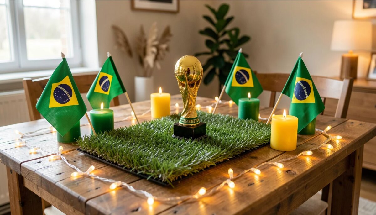 Centro de mesa temático da Copa do Mundo 2026 com grama sintética, troféu miniatura, bandeiras e velas.