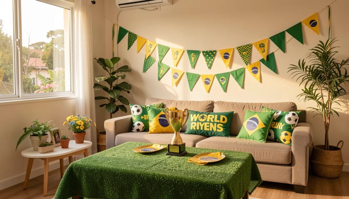Sala de estar decorada para a Copa do Mundo 2026 com bandeirinhas verde e amarelo, mesa temática com toalha de grama e tr...