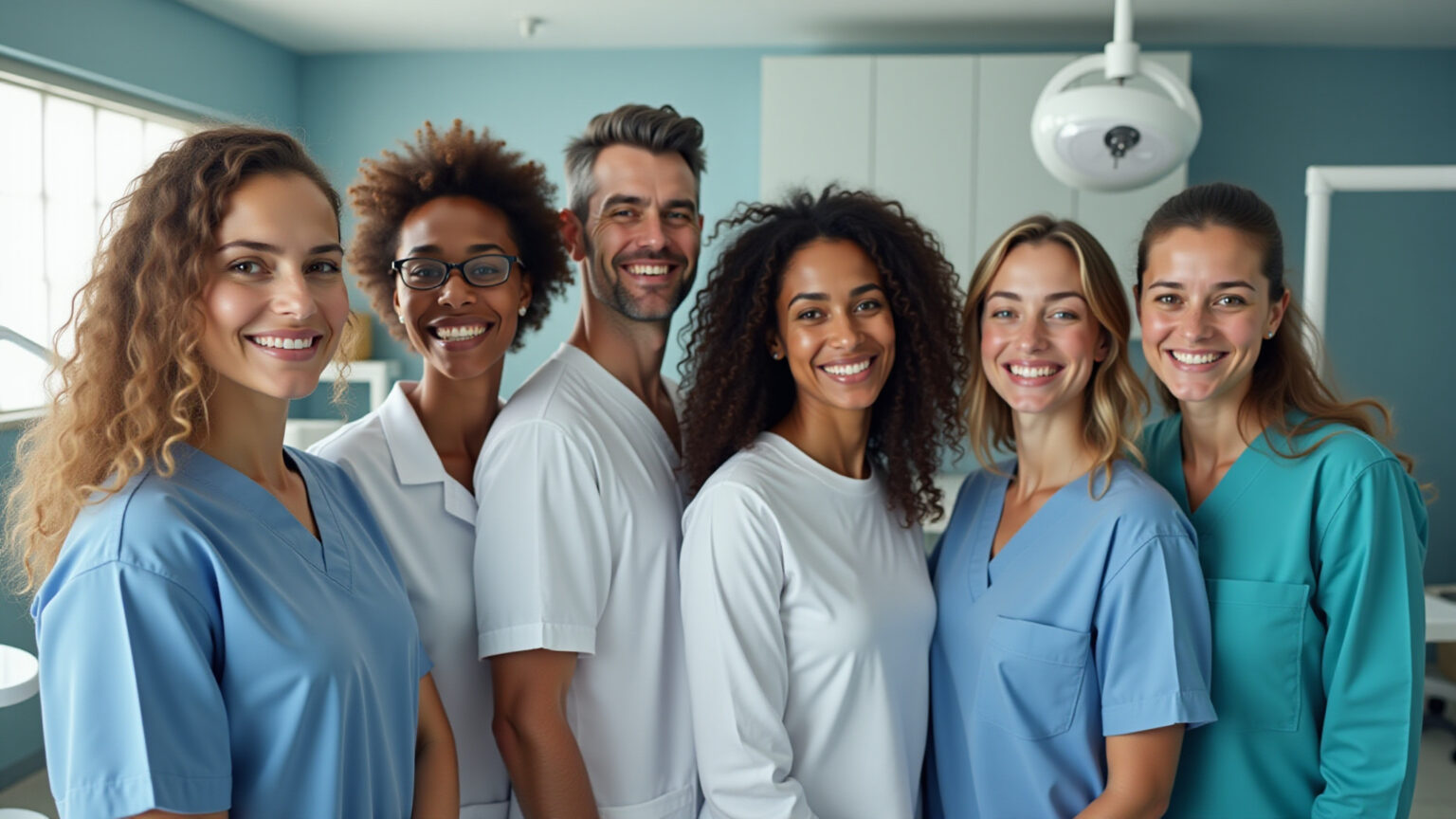 Profissionais de odontologia brasileiros diversos em uma clínica moderna.