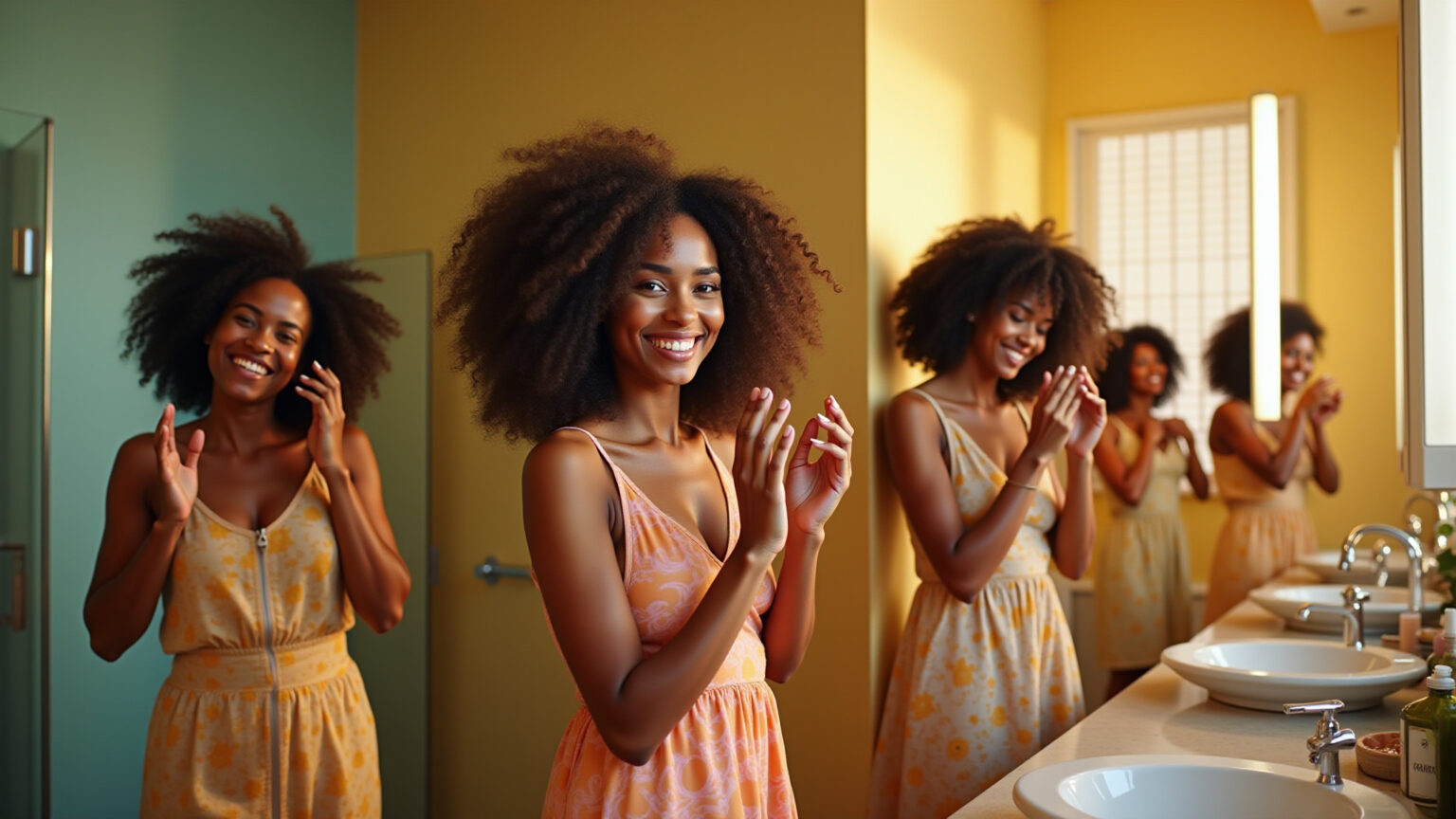 Mulheres brasileiras diversas aplicando produtos capilares Salon Line com sorrisos.