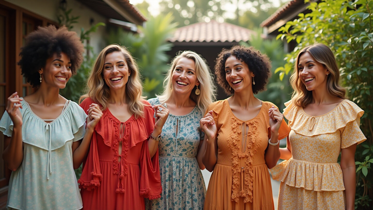 Mulheres brasileiras sorrindo e admirando blusas de lese com babados estilo Farm Rio.