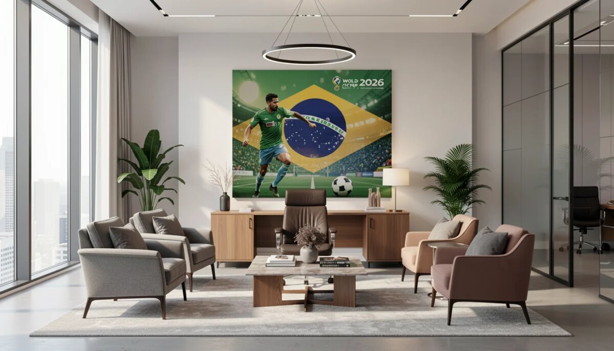 42 Ideias de Decoração Escritório Comercial com Tema Copa do Mundo Escritório moderno decorado com tema Copa do Mundo 2026, com quadro de futebol elegante.