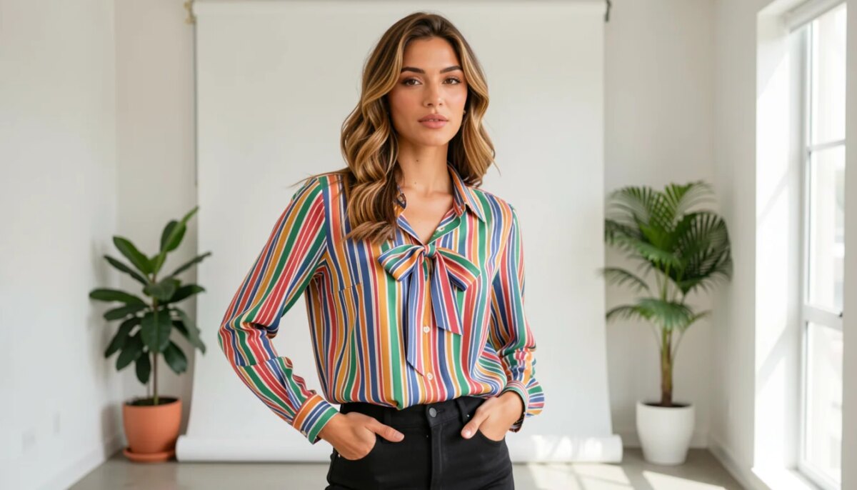 Mulher elegante vestindo blusa Zara listrada com laço, em ambiente moderno.