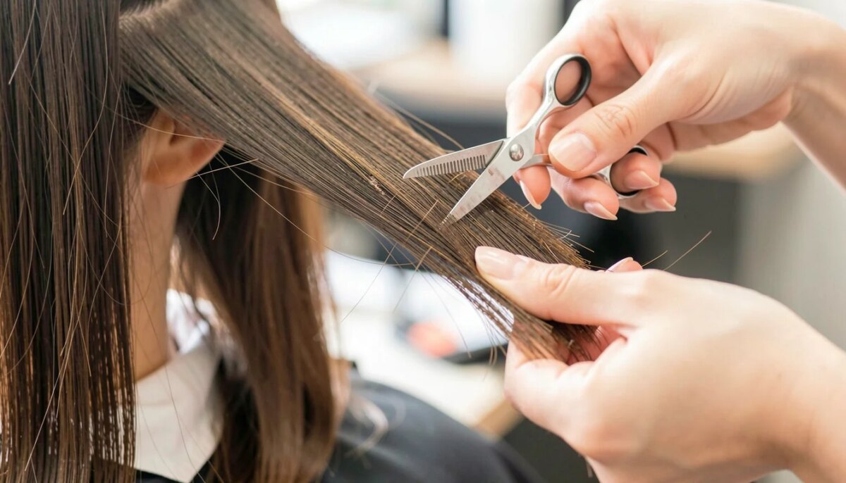 Mãos realizando corte bordado para remover pontas duplas em cabelo danificado.