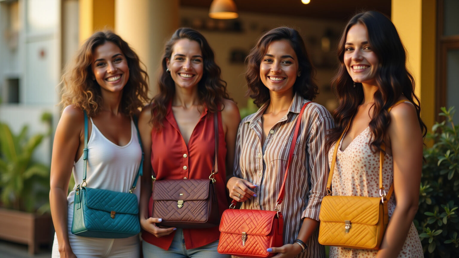 Mulheres brasileiras sorrindo com bolsas transversais matelassê estilosas em um café vibrante.