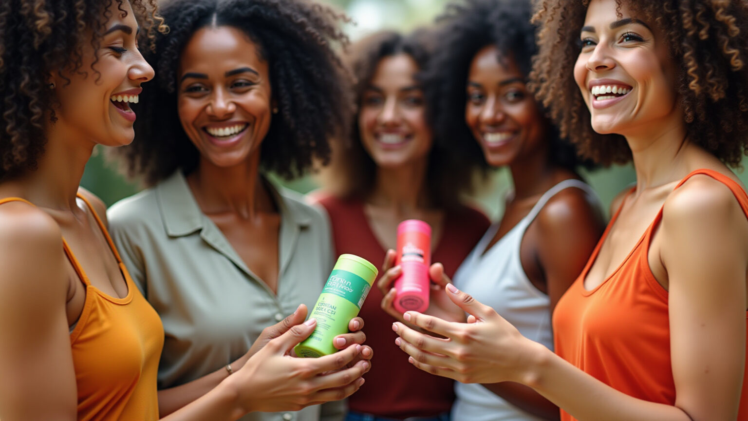 Mulheres brasileiras diversas testando e sorrindo com produtos veganos para cabelo.