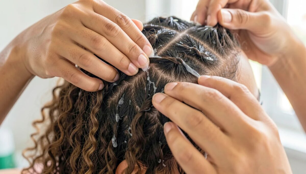 Mãos aplicando gel para definir raiz crespa em transição capilar.