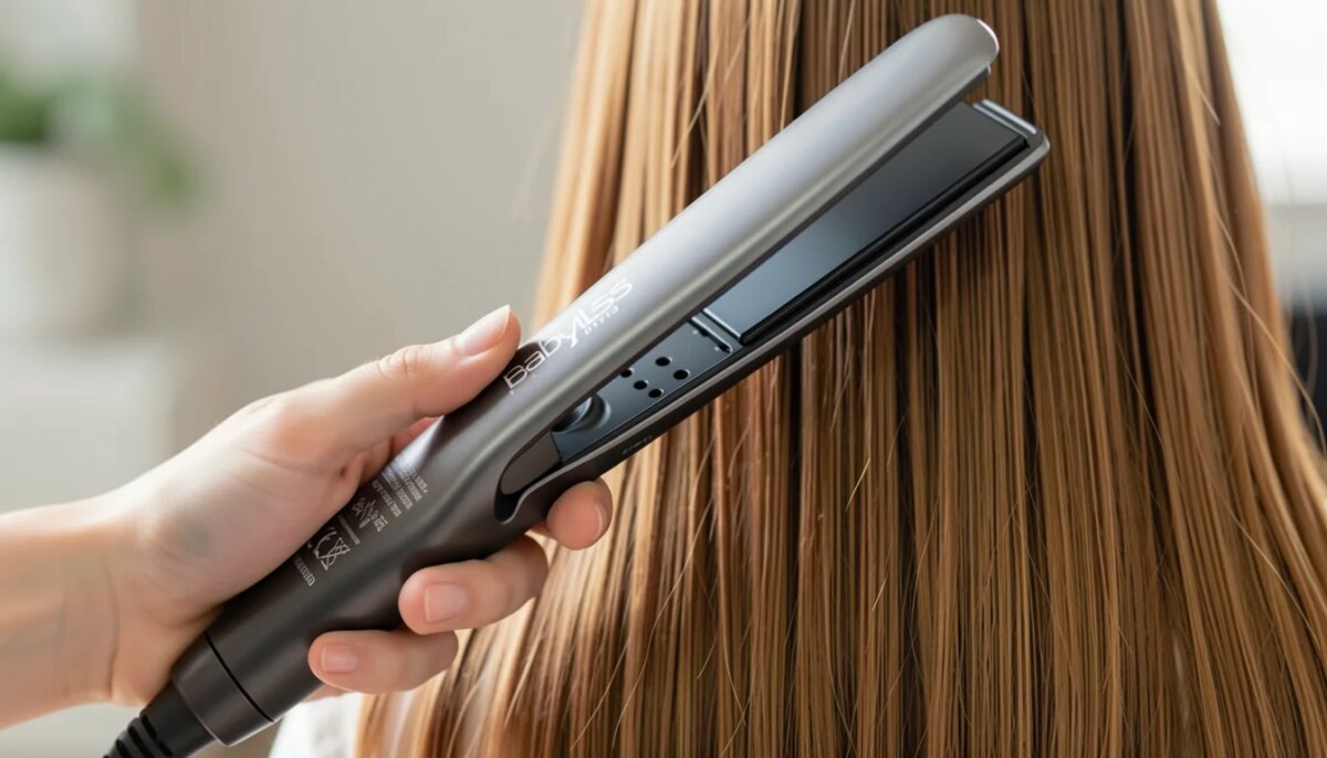 Chapinha BaByliss PRO Nano Titanium em mãos com cabelo brilhante.