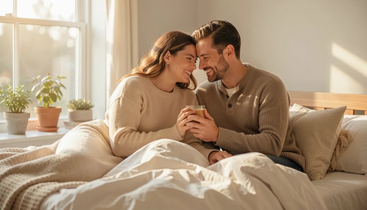 Casal aproveitando o domingo de manhã com carinho e conexão.