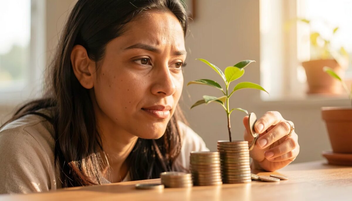 Mulher brasileira pensativa olhando para moedas e planta crescendo, simbolizando independência financeira.