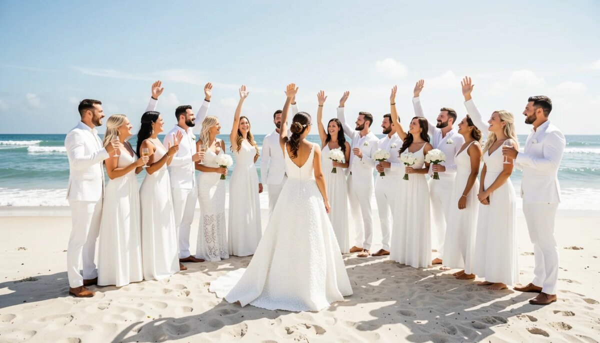 Casamento na praia com todos de branco, noiva se destacando.