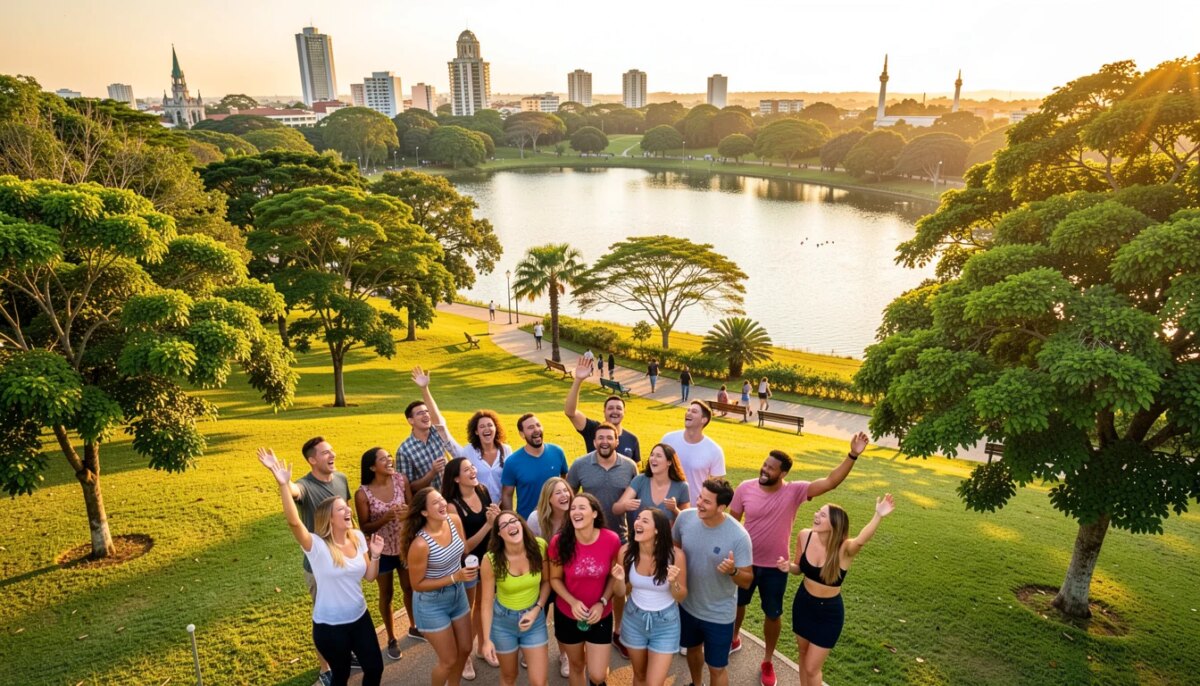 Pessoas felizes explorando um parque na Região Metropolitana de Campinas em um dia ensolarado.