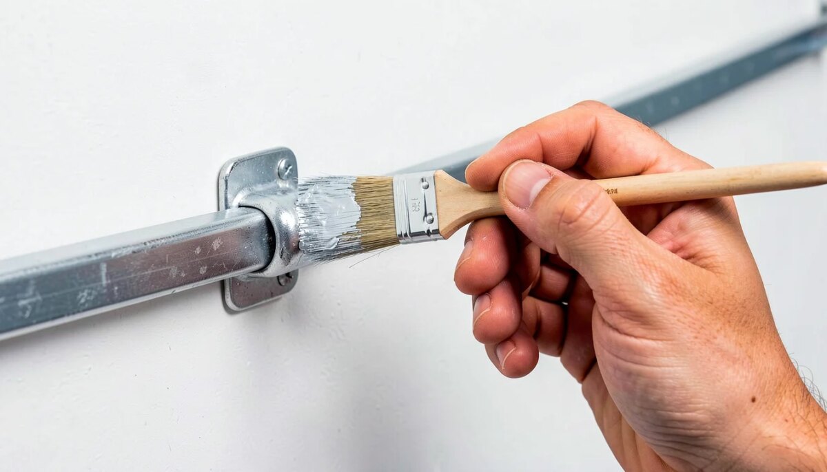 Mão aplicando tinta anticorrosiva em varal de parede de metal.