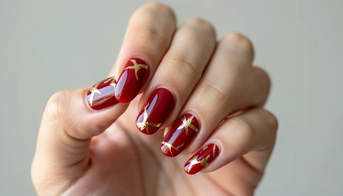 Mão feminina com unhas em gel vermelho vinho e folhas de ouro encapsuladas, design sofisticado.