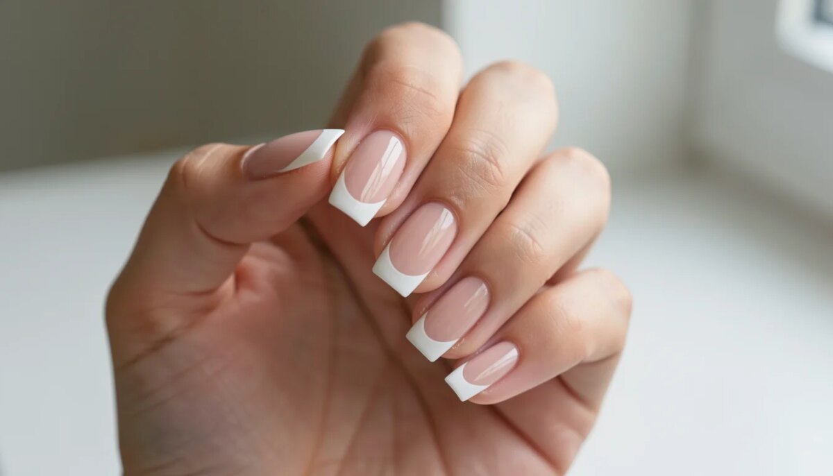 Unhas de gel quadradas decoradas com francesinha moderna em tons pastel.