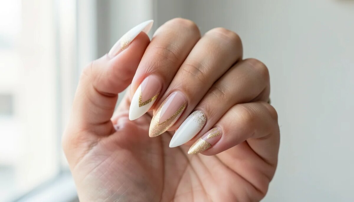 Mão feminina com unhas amendoadas decoradas em gel, francesinha em V e glitter.