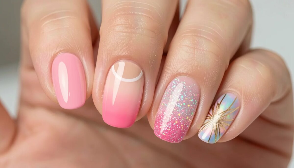 Mãos femininas com unhas decoradas em gel rosa em diferentes estilos: francesinha, ombré, glitter e foil.