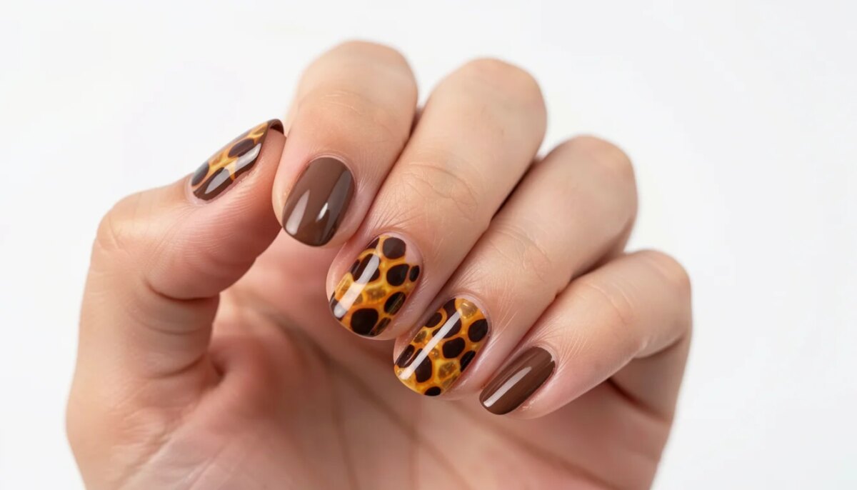 Mãos com unhas decoradas em gel marrom efeito tartaruga