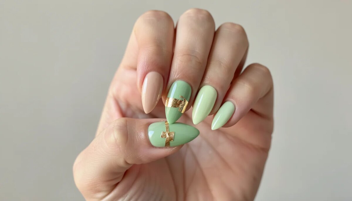 Mãos com unhas decoradas em gel no formato amendoado, com tendência verde pistache e detalhe dourado.