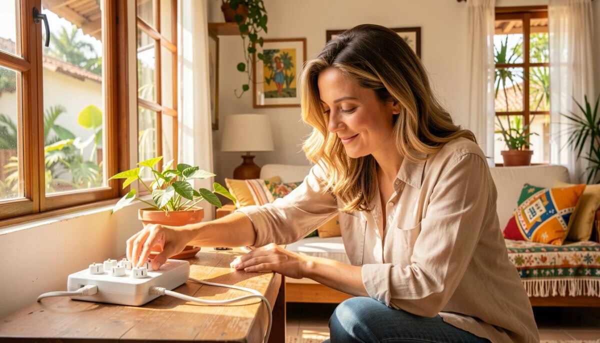 Mulher feliz desligando filtro de linha para economizar energia em casa iluminada.