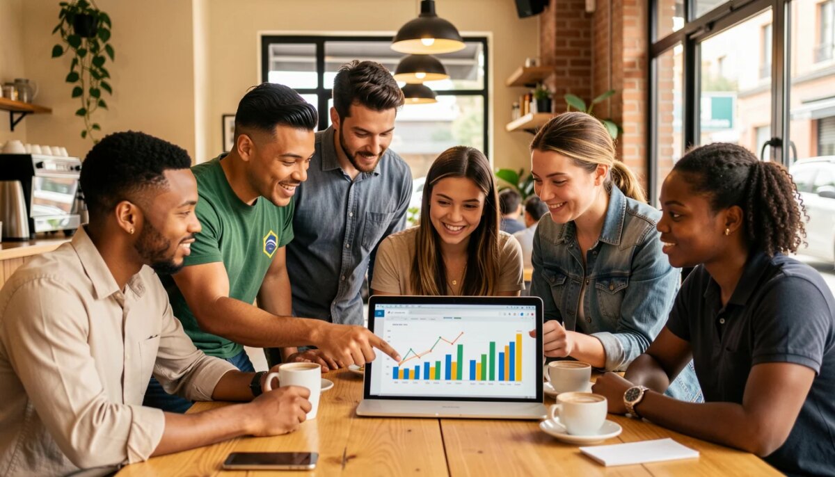 Grupo de traders brasileiros discutindo gráficos forex em um café, ambiente colaborativo.