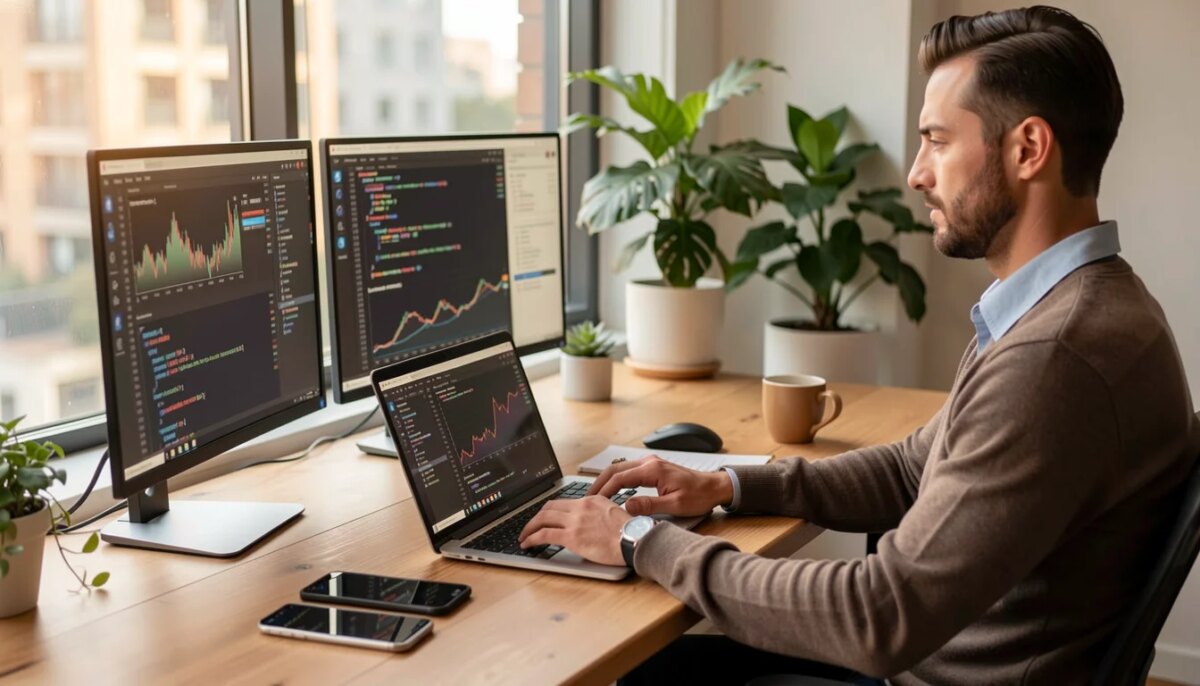 Empreendedor focado trabalhando em laptop com dois monitores em escritório moderno e iluminado.