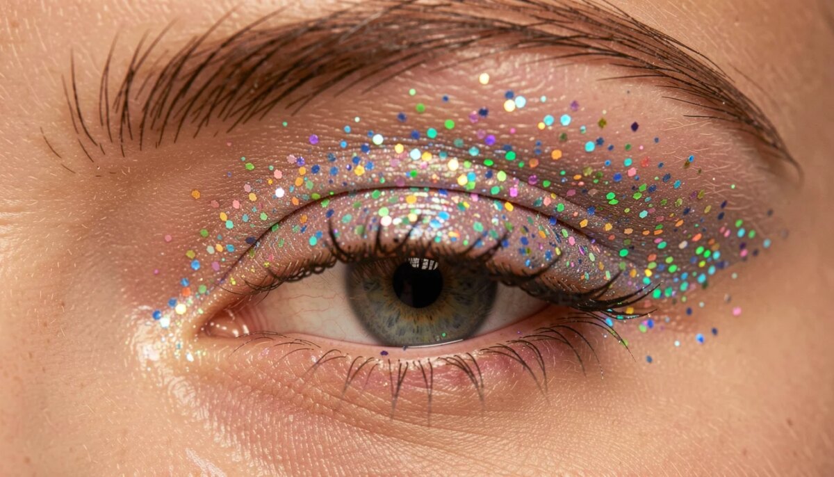Close-up de olho maquiado com glitter holográfico biodegradável, brilhante e sem borrões.