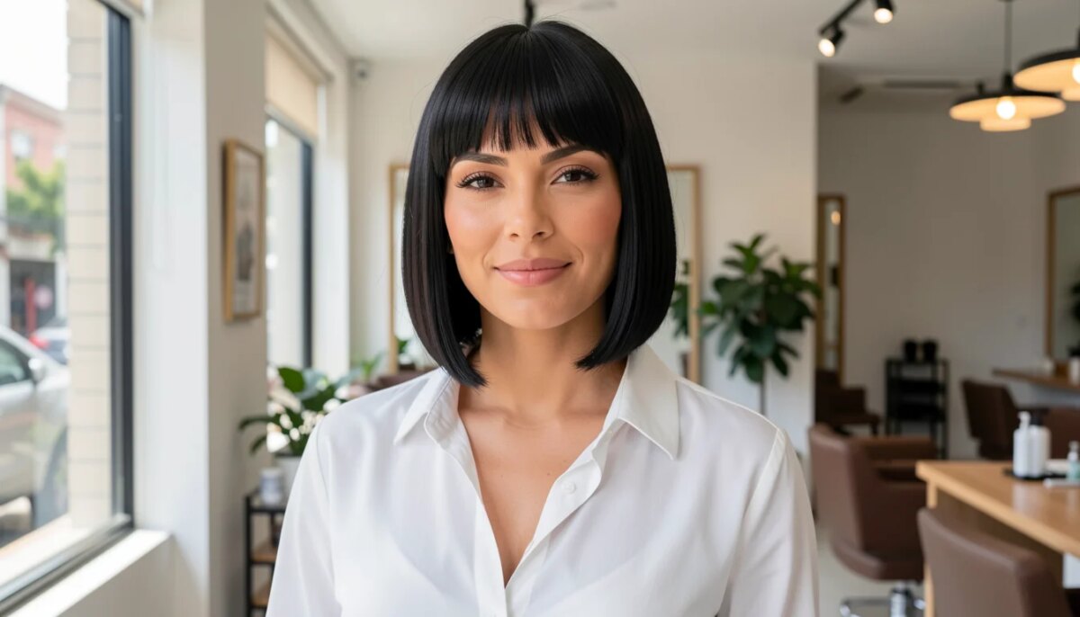 Mulher com corte curto reto chanell na mandíbula, cabelo preto liso, visual elegante em salão moderno.