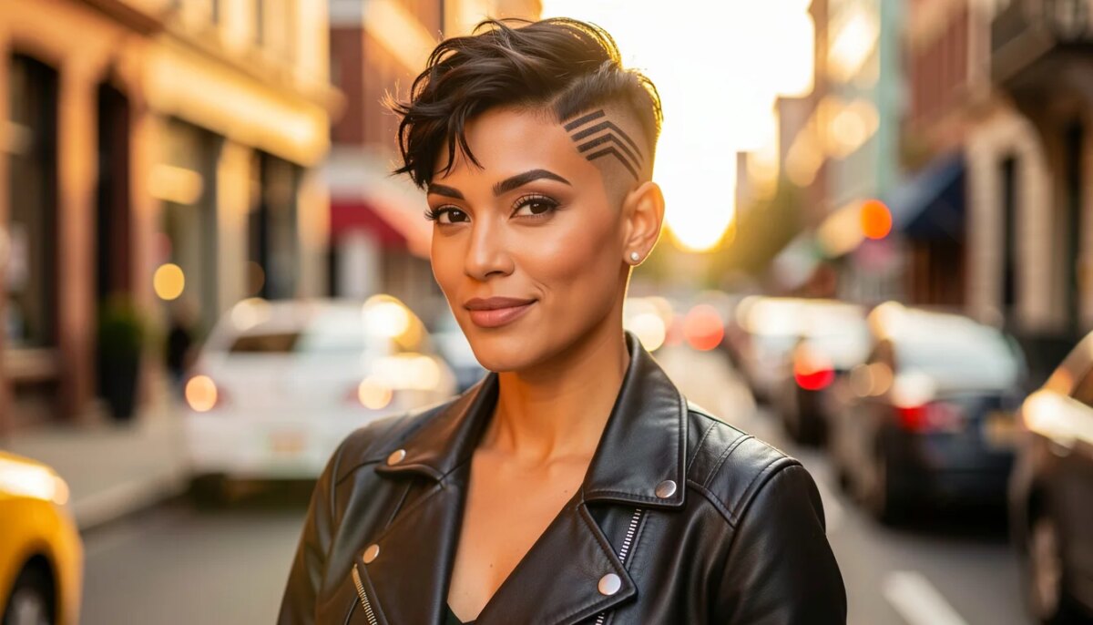 Mulher com cabelo curto pixie e sidecut lateral raspado, visual moderno e ousado.