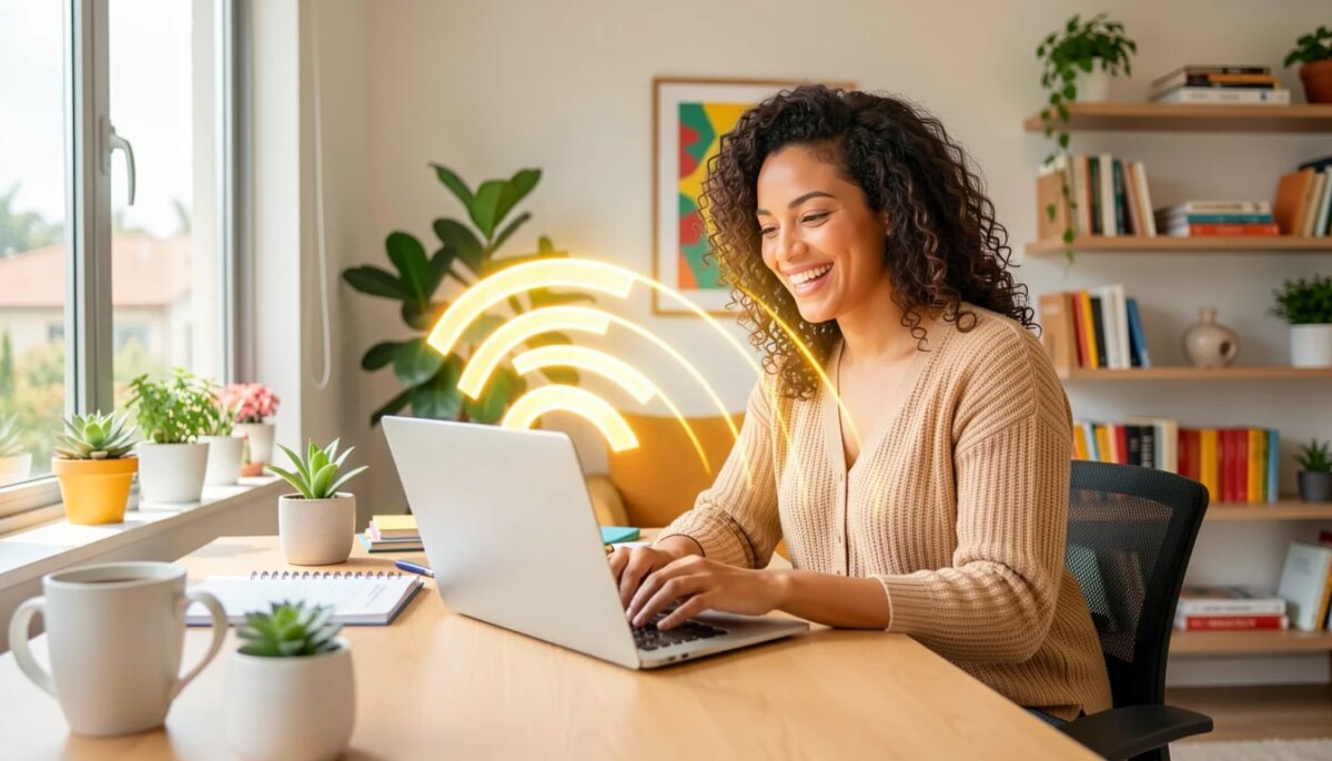 Mulher feliz trabalhando em home office com internet rápida da Claro
