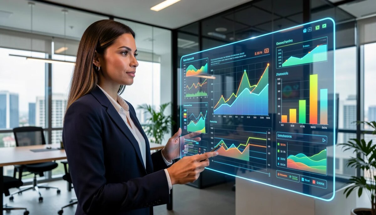 Empresária brasileira analisando painel holográfico de inteligência artificial em escritório moderno.